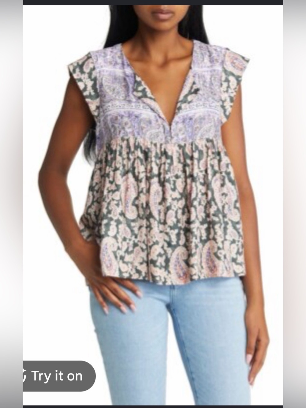 Lucky Brand Printed Flutter-Sleeve Top size large
